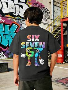 男童“SIX SEVEN-Italian Brain”彩色数字67卡通印花T恤，适合日常穿着、街头风、校园风，时尚休闲百搭的男童夏季上衣 - 深灰色 - 查看 5