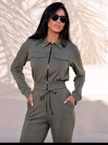 Women's Premium Fleece Set: Comfortable Pants With Pockets And Drawstring, And Long-Sleeved Zip-Up Top With Pockets - Elegant Casual Style - Verde militar - Ver 1