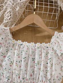 Tween Girls' Fresh Ditsy Floral Square Neck Puff Sleeve Frill Trim Elastic Waist Casual Dress, Spring/Summer - Apricot - View 3