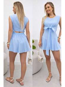 Women's Tailored Jumpsuit Dress, Elegant, Fluffy, Asymmetrical Knot, Cutout/Cut-Out, Evening Dress With Tie Detail - 淺藍色 - 查看 2