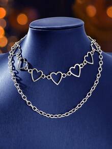 2件套街头镂空心形银色多层粗链项链套装，适合派对、日常社交聚会佩戴 - 銀色 - 查看 6