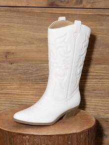 Women's Cowboy Boots Pointed Toe Pull On Cowgirl Boots Wide Calf Chunky Low Heel Embroidery Comfortable Western Boots Outfit For Ladies Spring Summer - trắng - Xem 4