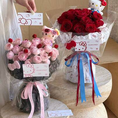 Sanrio 10pcs Valentine's Day & Mother's Day Hello Kitty Wrapping Paper/Ribbon, Flower Shop Bouquet Wrapping Paper/Packaging Accessories, Floral Packaging Supplies, Gift Wrapping Paper, Fresh Flower Wrapping Paper, Gift Packaging, Wedding Packaging, Holiday And Party Supplies