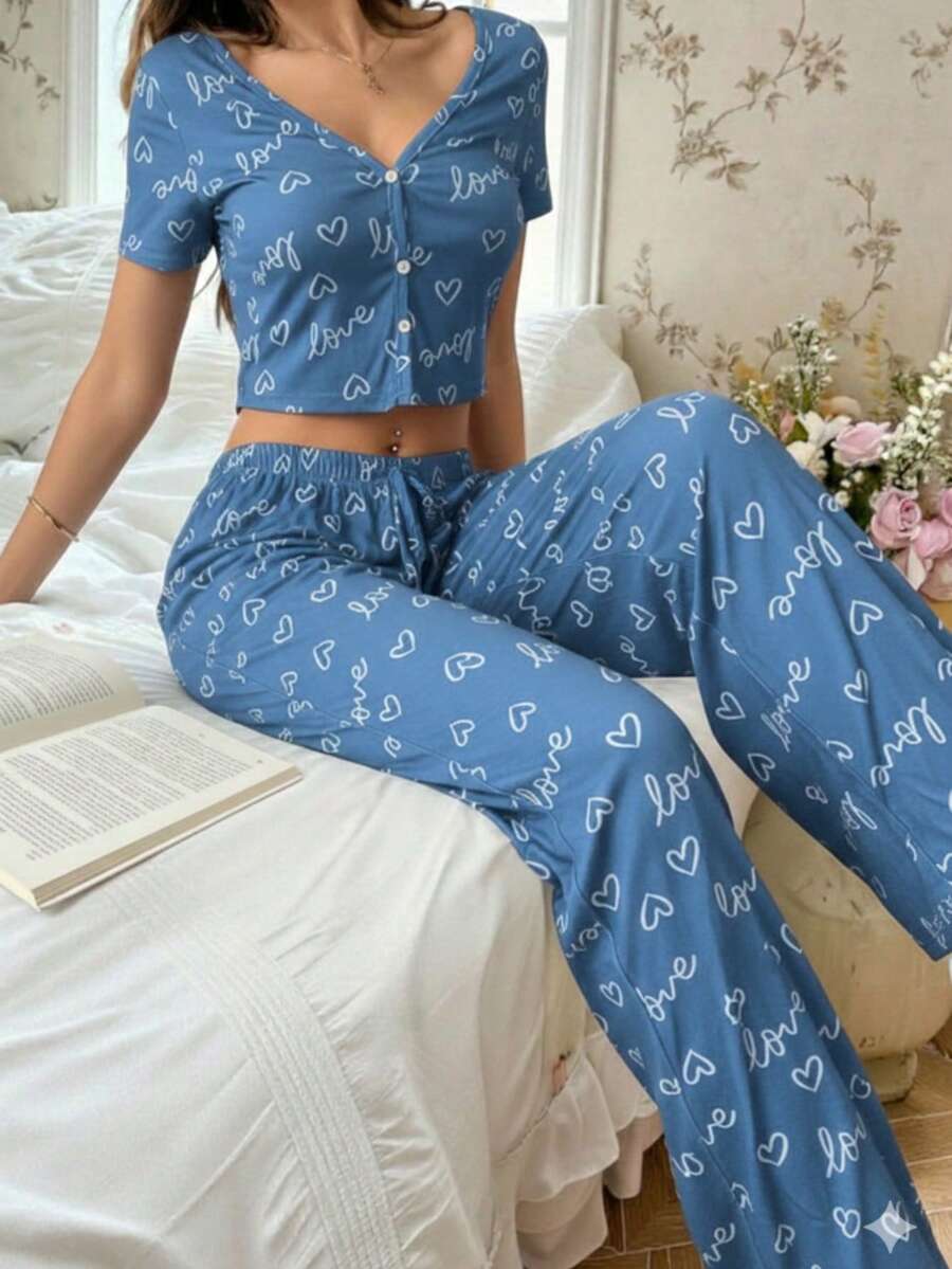 Women's Pajama Set Sleepwear Blouse And Cropped Top With Heart Print, Button-Down Cropped Top, Elastic Waist Pants, Warm Suede, Everyday Wear, Sizes P, M, G, GG, Night Comfort Line - 淺藍色 - 查看 1