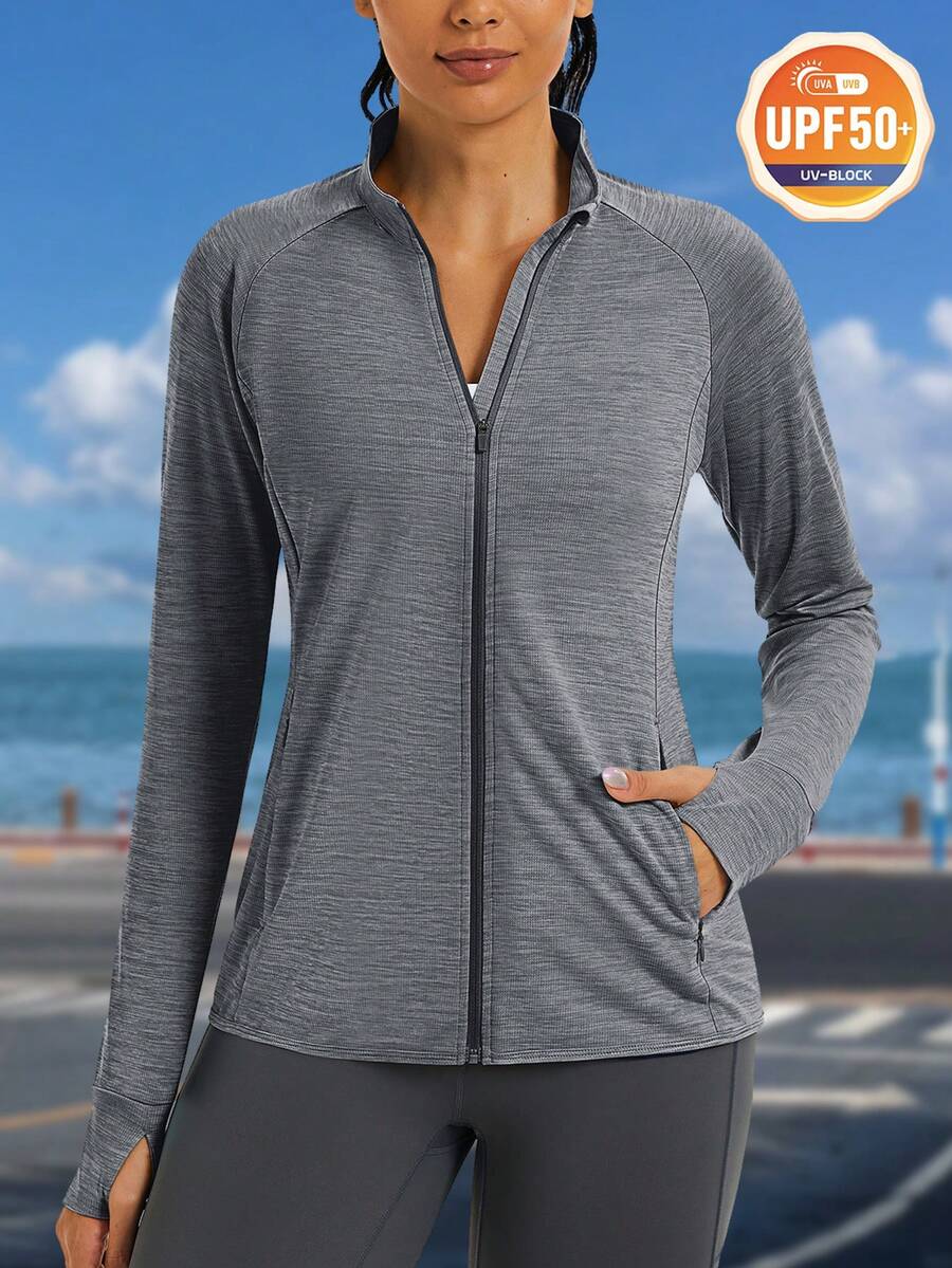 KEFITEVD Women's UPF 50+ Athletic Jackets Full Zip Lightweight Workout Jacket SPF Sun Protection Shirts Hiking Running - Dark Grey - View 1