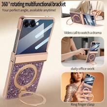 Shockproof Shiny Glitter Electroplated Hidden Circular Bracket Phone Case With Tempered Glass Screen Protector Compatible With Samsung Galaxy Z Flip 7/6 Foldable Phone Full Protection Birthday Gift - Purple - View 5