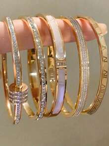 Women's Stainless Steel 18K Gold Plated Bracelet Set - Cubic Zirconia, Roman Numeral Design Low Allergy Stackable Bangle, Ideal Birthday & Anniversary Gift - Gold - View 2