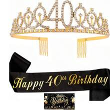 3件套女士生日绶带和皇冠套装，包含生日皇冠、绶带、胸针和贺卡，适合庆祝16岁、18岁、21岁、30岁、40岁、50岁、60岁、70岁、80岁生日。 - 彩色 - 查看 7