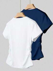 A Simple Solid-Color Short-Sleeved T-Shirt Set For Women, Suitable For Daily Wear And Easy To Match With Various Outfits. Includes 1 Piece - 白色 - 查看 2