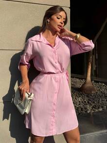 Button-Down Shirt Dress With Sash. - Rosa Pálido - Ver 5