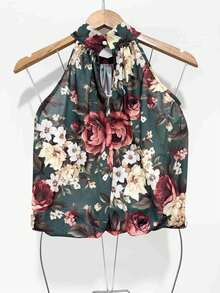 Stylish Women's Floral High Neck Blouse - 墨綠色 - 查看 3