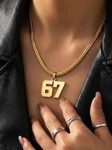 1件装时尚简约创意不锈钢67号吊坠项链，扁平蛇形链，嘻哈街头风金/银吊坠男女通用礼物颈链饰品 - 彩色 - 查看 3