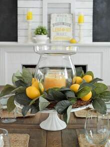 1 pieza Corona de limón, Soporte de vela con hojas de limón artificiales, Corona de limón de escritorio para decoración de velas de primavera, Corona de flores artificiales para decoración de puerta - Multicolor - Ver 4