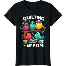 Quilting With My Cute Sewing Birds Casual T-Shirt,Womens Quilting With My Funny Quilting Gift Ladies' Crewneck T-Shirt - 黑色 - 查看 1