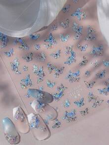 1片装奢华水钻蓝色蝴蝶美甲贴纸，美甲师必备，3D立体浮雕工艺，闪亮珠光蝴蝶与冰晶设计，自粘式美甲贴，可重复使用DIY美甲贴纸，女士礼物，美甲用品，优雅配饰礼品 - 藍色 - 查看 4