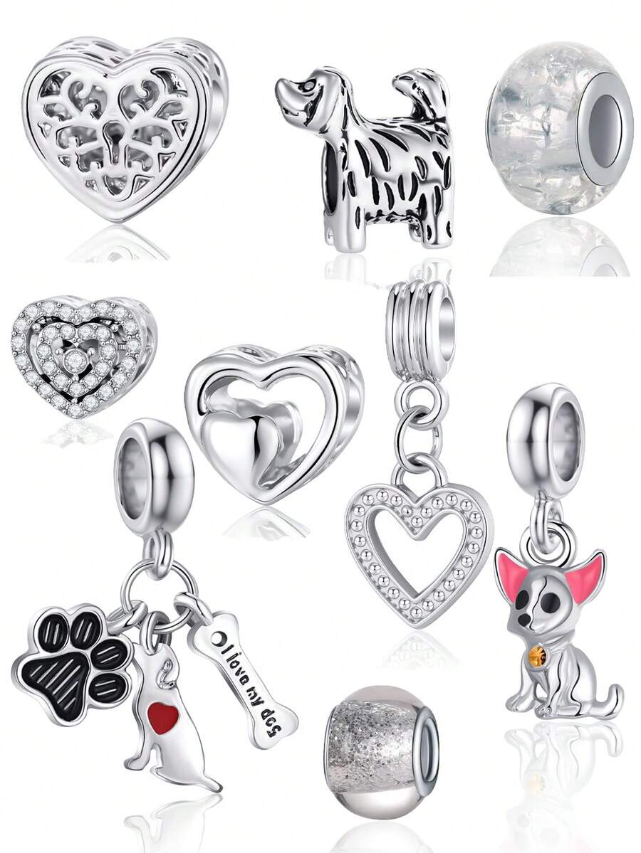 9pcs Silver Heart, Puppy, Rhinestone, Zinc Alloy & Resin DIY Accessories - Multicolor - View 1
