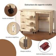 Mesa para Maquina de Coser Plegable Multifuncional Mesa de Trabajo Plegable Portatil con 3 Bandejas de Almacenamiento Ruedas Bloqueables y Estantes Blanco - Beis - Ver 6