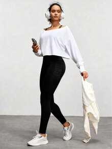 女士高腰弹力休闲瑜伽紧身裤，带侧袋，适合瑜伽、跑步、健身 - 黑色 - 查看 3