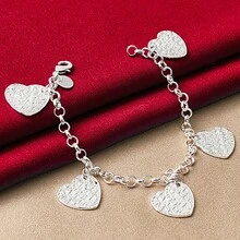 925纯银镀层五心雕刻图案吊坠手链，女士魅力婚礼订婚派对首饰 - 銀色 - 查看 5