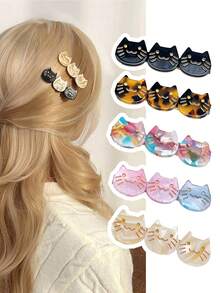 1个女士侧刘海鸭嘴夹，可爱时尚的醋酸纤维小猫发夹，适合日常化妆、洗脸、外出等场合，精美礼物 - 彩色 - 查看 1