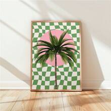 1幅复古风格帆布墙画，粉色和绿色棕榈树搭配格子图案，展现加州夏季热带风情，融合90年代和Y2K的优雅美学，适合作为节日礼物或卧室装饰，不含画框。 - 彩色 - 查看 6