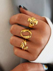 Frminee 3pcs/1pc Women's Gold-Plated Stainless Steel Ring Set, Stackable Ring Set, Four-Leaf Clover Geometric And Dolphin Design, Fashionable Jewelry, Waterproof For Summer Beaches - Gold - View 4