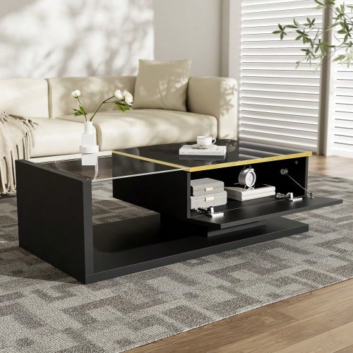 Coffee Table, 100 Cm Long, Glossy Black. Side Tables, Coffee Tables With Glass Tops And - Black - View 1