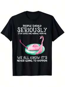 Funny Flamingo T-Shirt| 717%, Crew Neck, Regular Fit, All-Season, Vintage Style, Perfect For Adults, Drawing Pattern, Short-Sleeved, 220G, Ideal For Halloween, Thanksgiving, Christmas, Valentine'S Day, Father'S Day Gifts - Grey - View 1