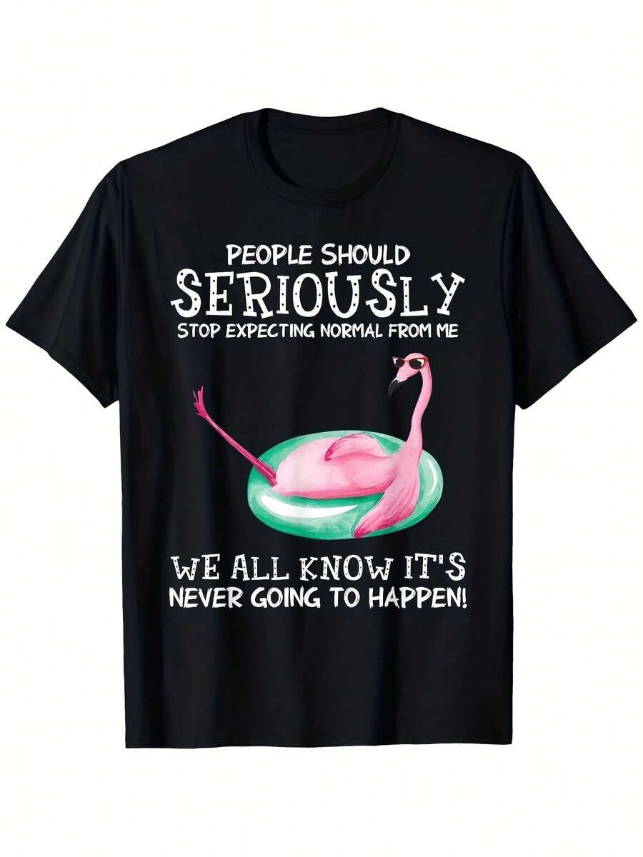 Funny Flamingo T-Shirt| 717%, Crew Neck, Regular Fit, All-Season, Vintage Style, Perfect For Adults, Drawing Pattern, Short-Sleeved, 220G, Ideal For Halloween, Thanksgiving, Christmas, Valentine'S Day, Father'S Day Gifts - Grey - View 1