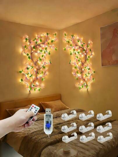 96 Pieces Of LED Cherry Tree Green Leaf Branch Wall Lamps, With Remote Control And Timer Function, 8 Lighting Modes, Flexible Willow Branch Shape, Floral Style Wall Decoration, Suitable For Indoor Decoration In Living Rooms And Bedrooms, Can Create A Soft Lighting Effect, Very Suitable For Parties, Gatherings, Birthday Gifts, Halloween And Christmas Decorations. DIY