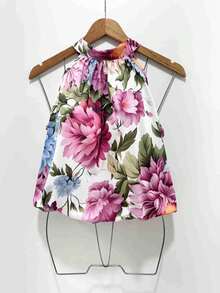 Stylish Women's Floral High Neck Blouse - Rosa Fucsia - Ver 1