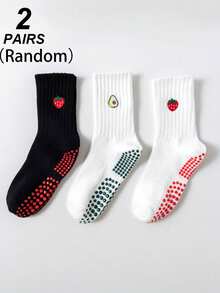 1/2/3 Pairs Women's Pilates Non-Slip Yoga Socks, Grip Socks With Traction, Neutral Hospital Socks, Ankle Support, Shock-Absorbing Sports Socks, Soft And Comfortable All-Season Grip Socks, Cute Embroidered Strawberry, Avocado, Cherry Patterns, White Socks - Multicolor - View 12