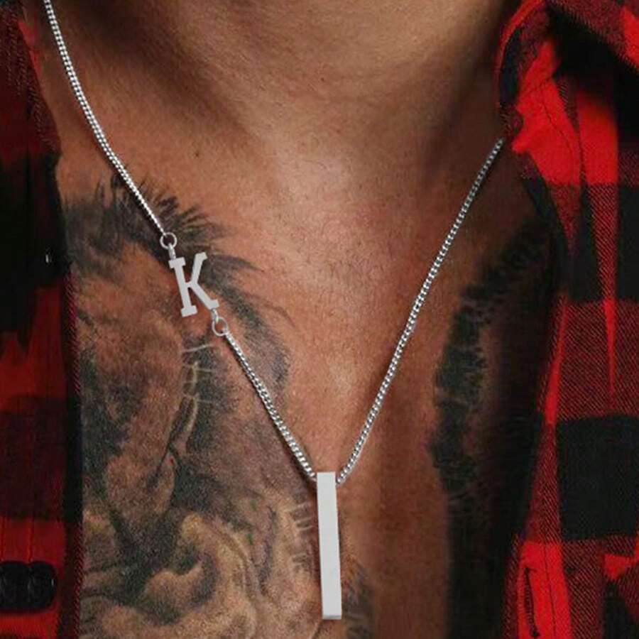 1件新款简约银色字母长方形吊坠时尚不锈钢链项链男士 - 銀色 - 查看 1