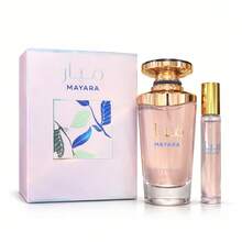 Lattafa مجموعة هدايا للنساء من لطافة مايارا، ماء عطر 100 مل + رذاذ سفر، روائح العنبر والصندل والفانيليا - حلو - مشاهدة 2