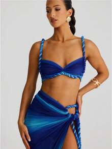 Temperament Comfortable Beach Vacation Wind Twist Suit Female Sexy Halter Suspender Hip High Split Skirt Suit - 藍色 - 查看 2