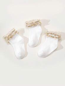 3双新款蕾丝边白色袜子，四季皆宜的百搭时尚袜子，公主风甜美女婴袜子，金色镶边优雅袜子 - 金色 - 查看 2