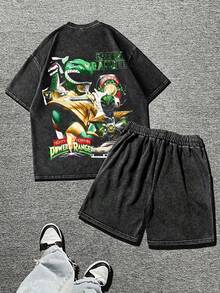 (2PC)WILD PLAY,Mens Creative Power Rangers Green Ranger Print T-Shirt Set American Vintage Full Print Streetwear Essential T-Shirt Set Men Graphic T-Shirt And Shorts Set - 黑色 - 查看 3