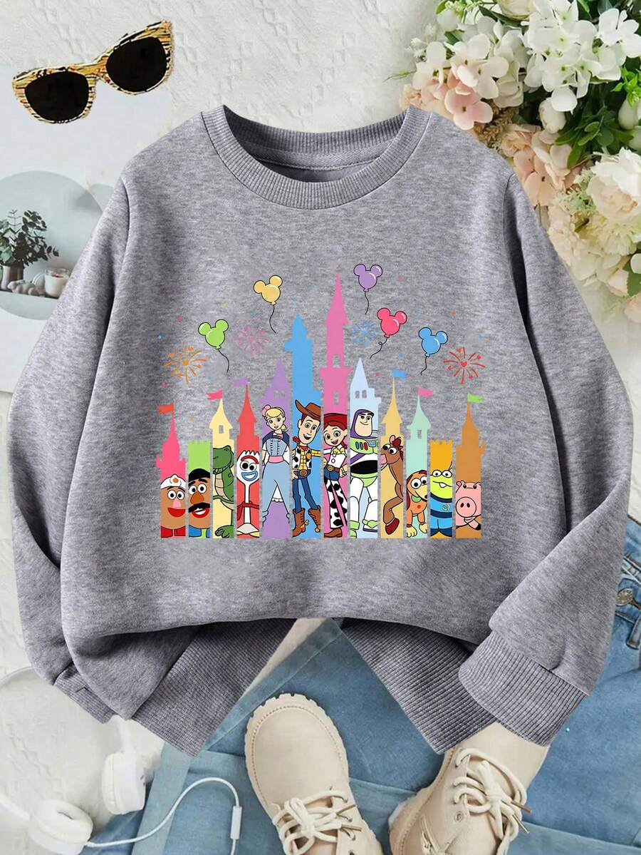 This Disney Girls' Sweatshirt Features A Creative Disney Castle And Toy Story Cartoon Print. It's A Crew Neck Sweatshirt Perfect For Autumn And Winter, Made Of Soft And Comfortable Fabric, Suitable For Everyday Wear, Shopping, School, And Casual Occasions. It Also Makes A Wonderful Gift. - 灰色 - 查看 1