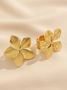 2pcs Stainless Steel Fashion Exaggerated Gold-Colored Flower Open Ring Set, Suitable For Women's Daily Wear Or Gift Giving - Yellow Gold - View 2