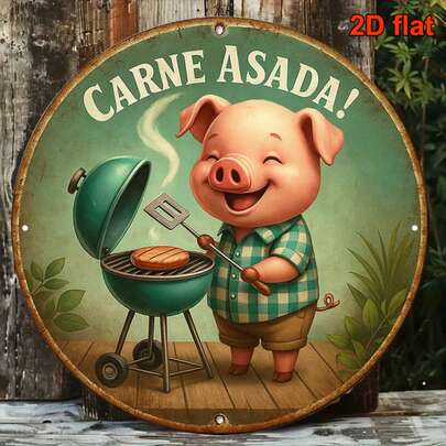 8"X8" 2D Round Vintage Decorative Plaque, Spanish Version, Featuring "Roasted Piglet" Barbecue Theme, Suitable For Enhancing The Ambiance Of Kitchen, Dining Room, Outdoor Grill Area, Bar. Random Hole Placement.