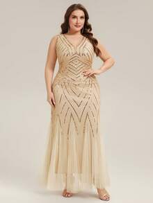 EVERPRETTY Plus Size Women Gold Formal Long Dress With Contrast Sequin & Mesh Details, Short Sleeve Vintage Party Maxi Dress, Mermaid Long Formal Evening Gown, Women V-Neck Sleeveless Gold Formal Evening Dress - Gold - View 6