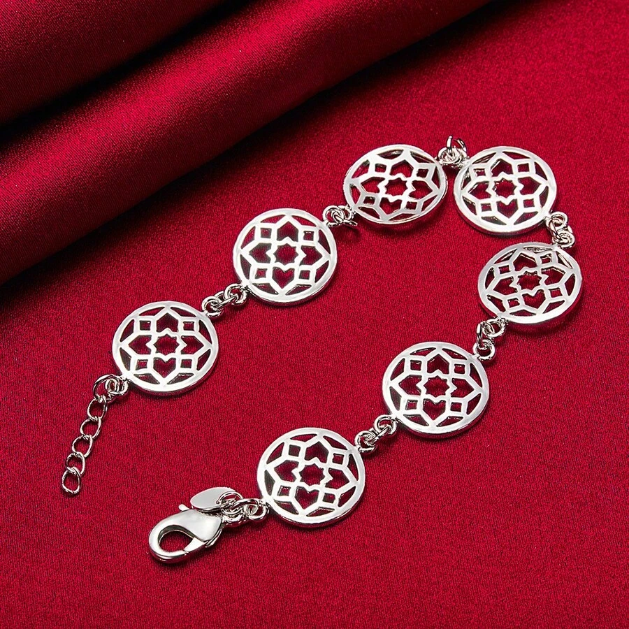 Pulsera de cadena con flor redonda plateada en plata de ley 925 para mujeres, joyería para boda, compromiso y fiesta - Plateado - Ver 1