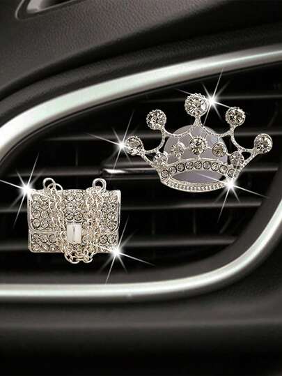 2pcs/Set Crown And Chain Vent Clip, Shiny Rhinestone Alloy Car Air Vent Decor Clip, No Fragrance, Unisex, Gift For Driver, Cute Bag And Crown Car Vent Decor