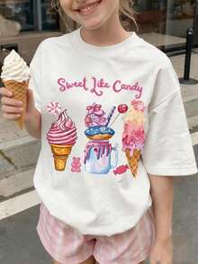 Teenage Girls' Cartoon Ice Cream & Candy Print Round Neck T-Shirt, Casual Soft Top For Spring/Summer - White - View 1