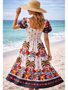 Elegant Women's Long Dress With A Short-Sleeved Print. - Olive Green - View 2
