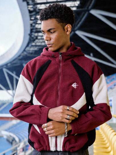 EVRINFINITE 男士撞色拼接拉链连帽长袖夹克，秋冬季Y2K拉链街头风夹克