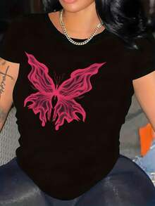 Talla - Camiseta Oversize para Mujer - Top Casual Suave para Uso Diario con Gráfico de Mariposa Rosa Intenso, Camiseta de Cuello Redondo de Corte Holgado para Mujer, Ropa Cómoda para Uso Diario y Ocasiones Especiales en Todas las Temporadas, Camiseta con Estampado Geométrico, Tela No Transparente - Negro - Ver 9