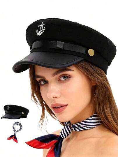 2pcs/Set Navy Cap, British Style Elegant Beret Hat For Women, Winter Versatile Anchor Decor Fashion Cap