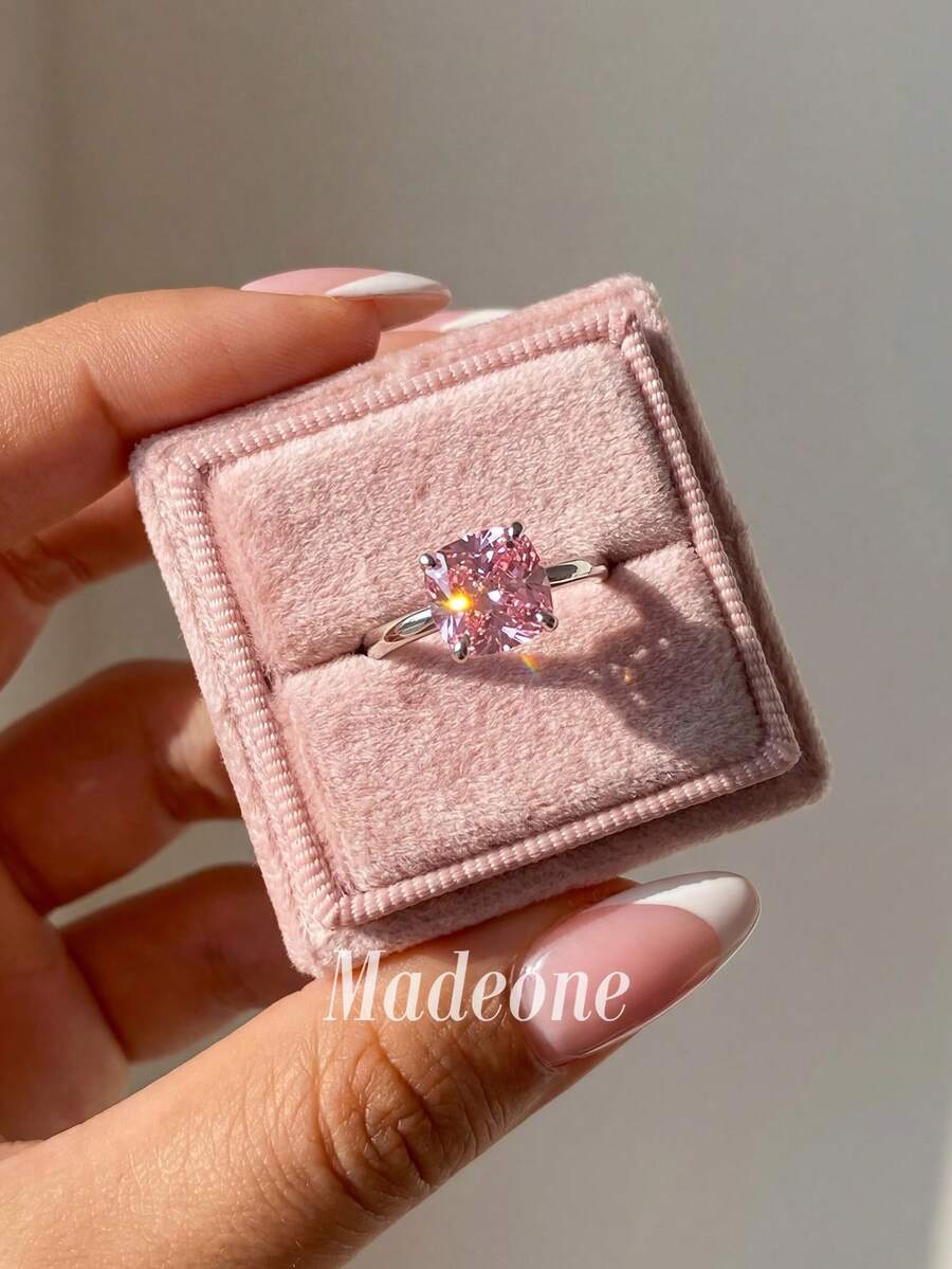 MADEONE 1 chiếc nhẫn bạc 925 hình vuông đính một viên kim cương Cubic Zirconia, quà tặng thời trang cho nữ nhân dịp kỷ niệm ngày cưới, trang sức tinh tế, phù hợp để đeo hàng ngày. - Đá hồng - Xem 1