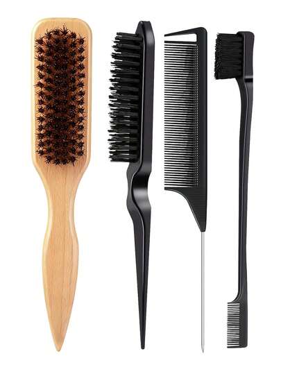 4pcs Set, Oil Comb And Hair Comb, Solid Color, Men's Oil Hair Beard Brush Solid Wood Long Handle Beard Brush Bristle Clean Brush, Boar Bristle Slick Back Hair Brush For Sleek Ponytail Bun & Smoothing Baby Hairs, Hair Comb,Brush Hair,Hair Brush Set,Comb Hair,Comb For Curls,Detangling Brush,Hair Brush For Women,Hair,Travel,Hair Products,Hair Tools,Hair Stuff,Barber,Barber Accessories,Barbershop,Hairdressing Equipment